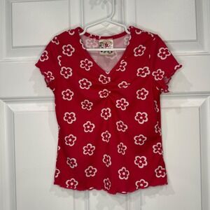 Jenna & Jessie Girls Red Floral V-Neck Ribbed Lettuce Edge Top Size 8
